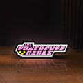 Front view of Power Puff Girls LED lightbox sign glowing on a wooden desk