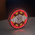 Gang Starr LED lightbox standing on a desk from an angled side view with red glow