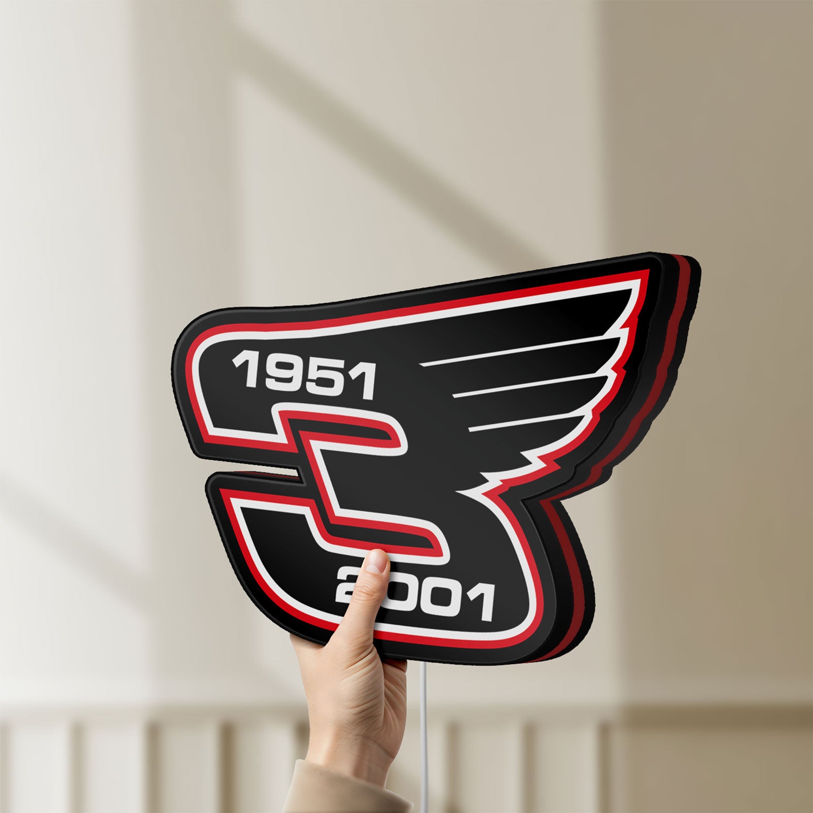 Unlit Dale Earnhardt Wings LED lightbox held by hand to show size and details