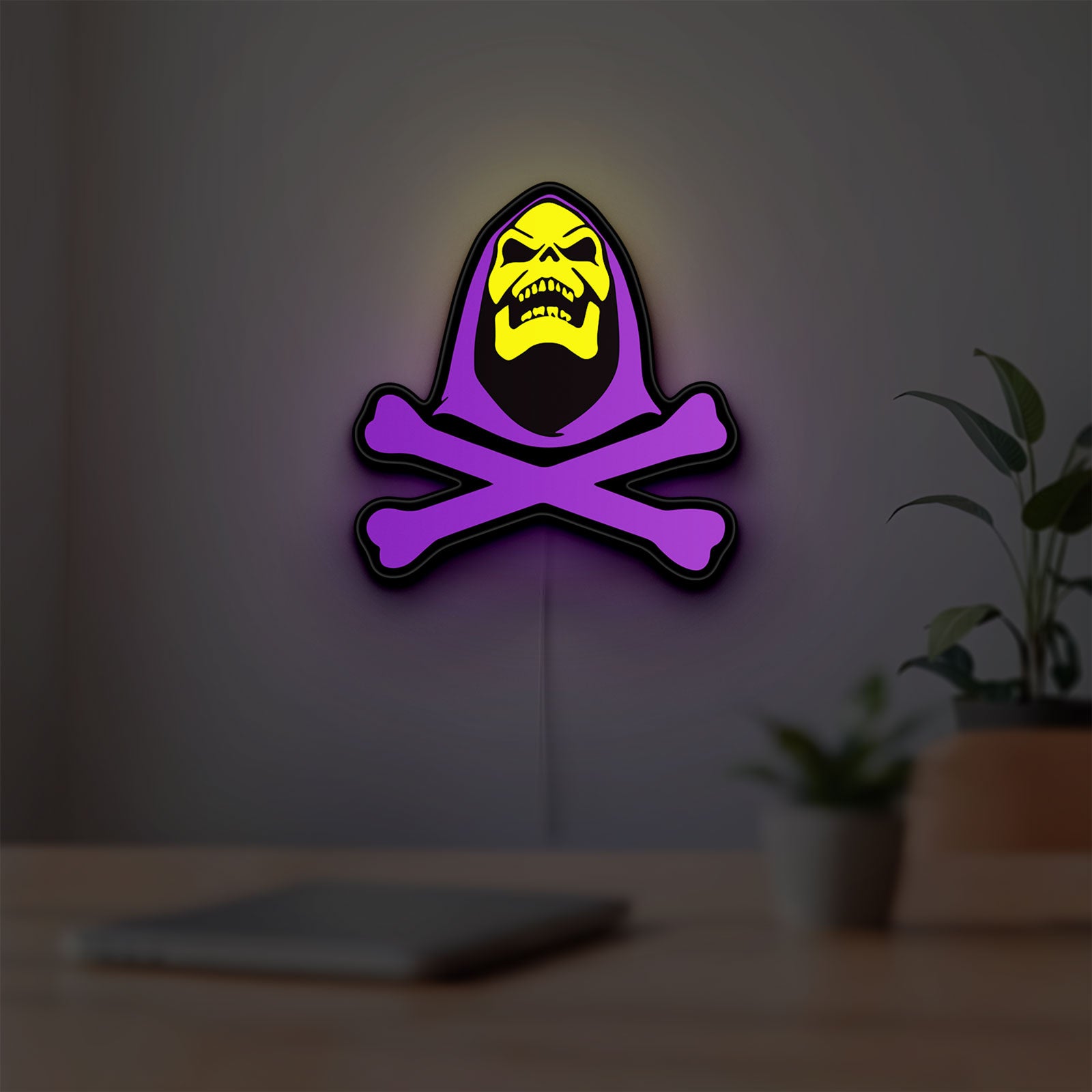 Skeletor LED lightbox hanging on a room wall with soft purple light