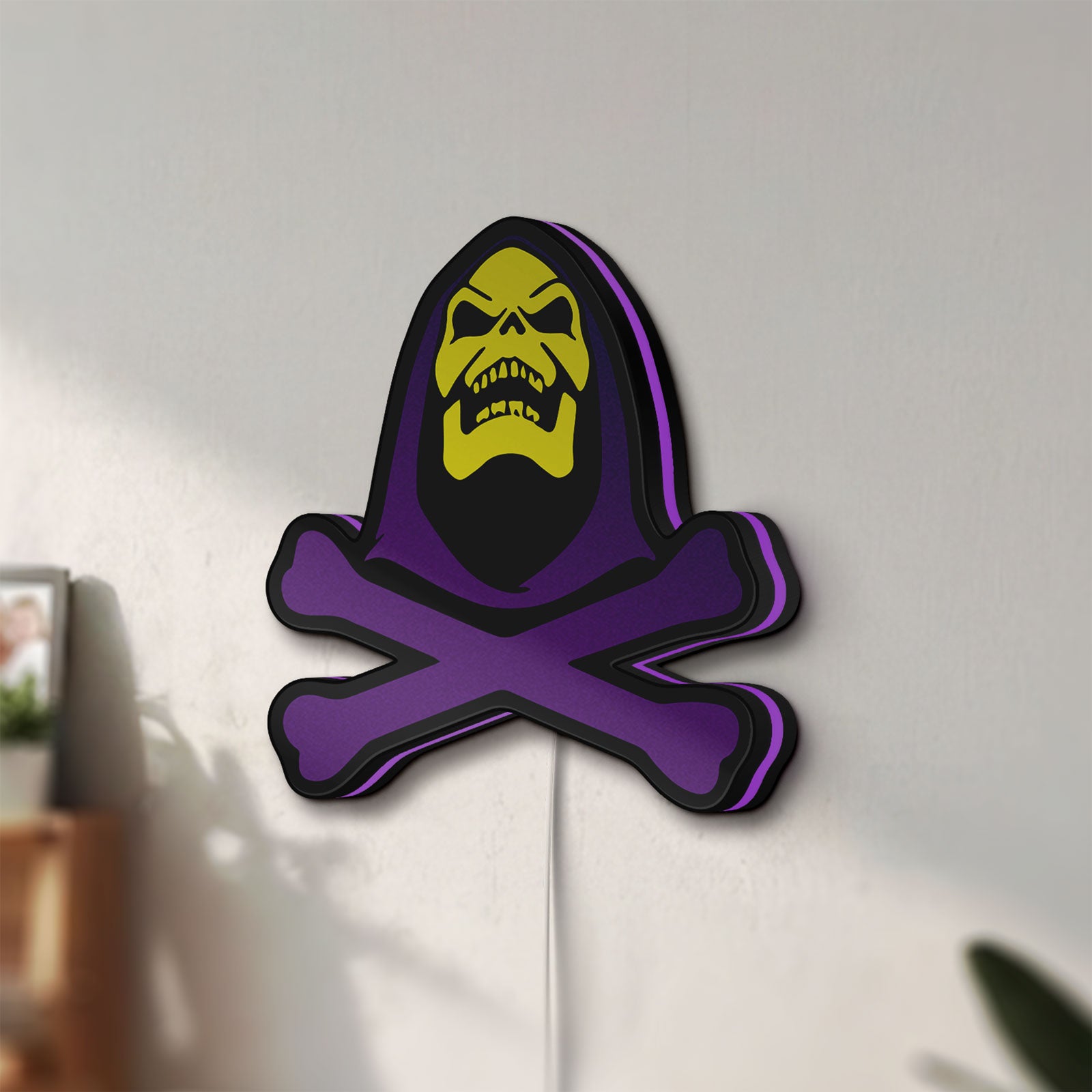 Unlit Skeletor LED lightbox mounted on a wall in daylight