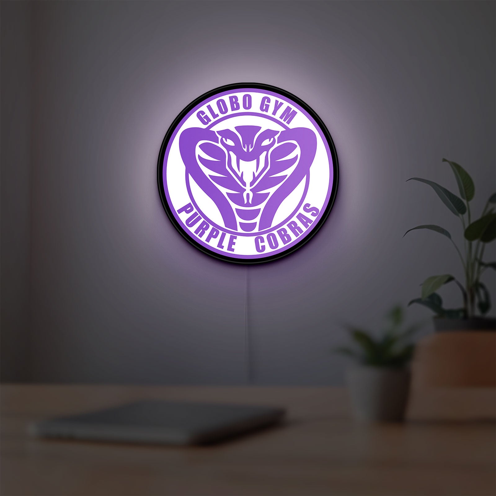 Dodgeball Globo Gym Purple Cobras LED lightbox hanging on a room wall with soft purple light