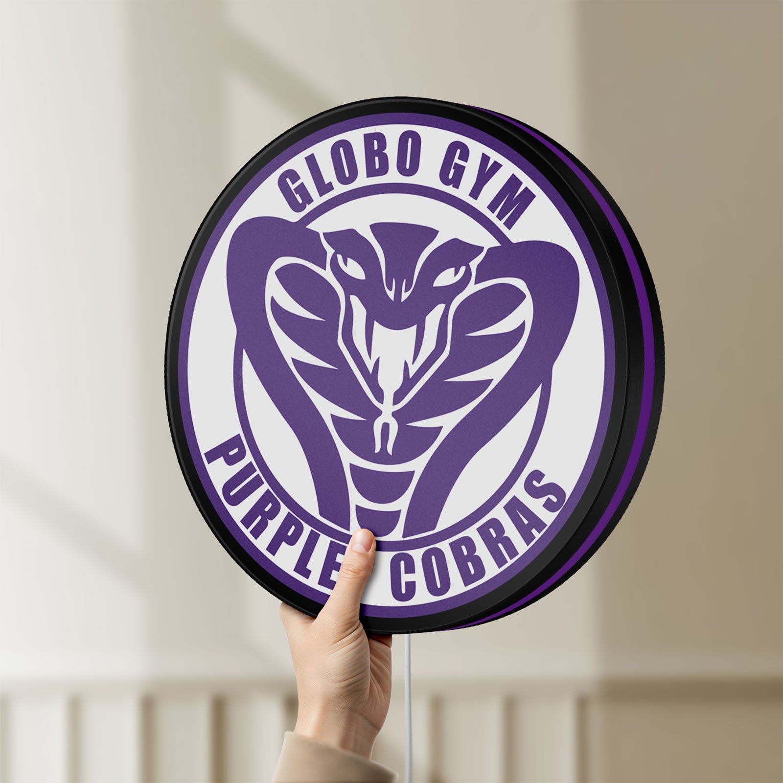 Unlit Dodgeball Globo Gym Purple Cobras LED lightbox held by hand to show size and details