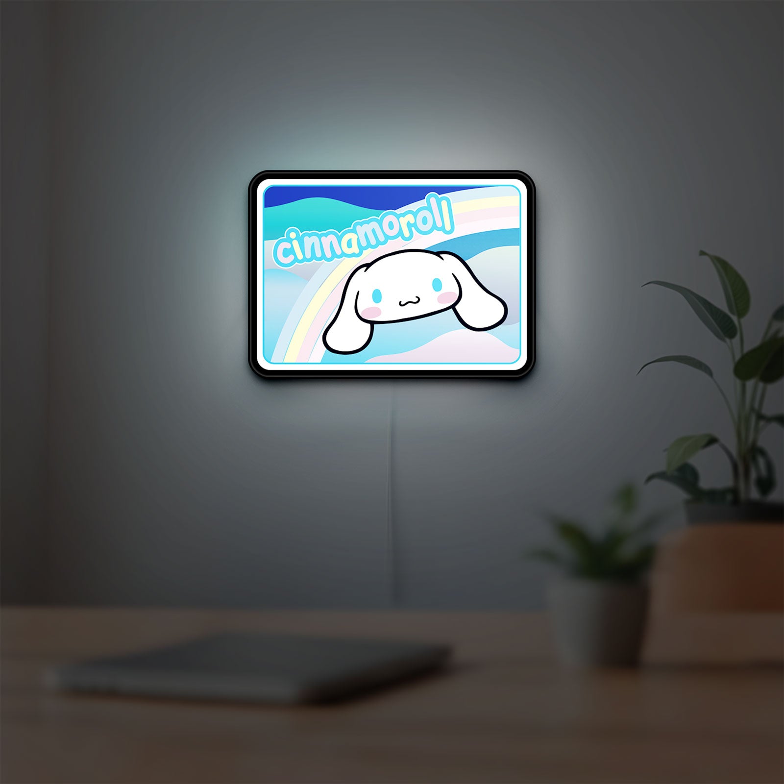 Cinnamoroll LED lightbox hanging on a room wall with soft white light