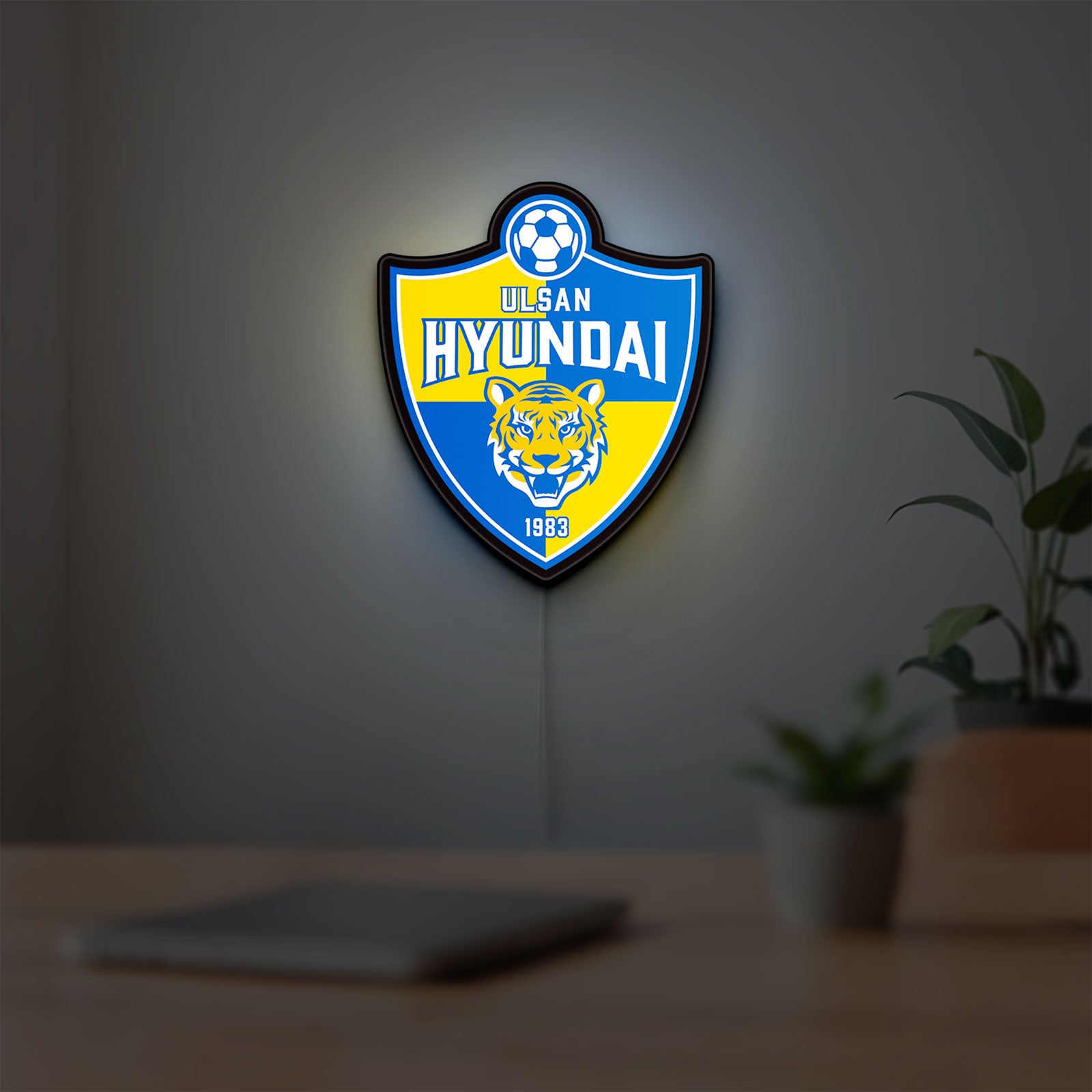 K-League Ulsan Hyundai LED lightbox hanging on a room wall with soft blue light