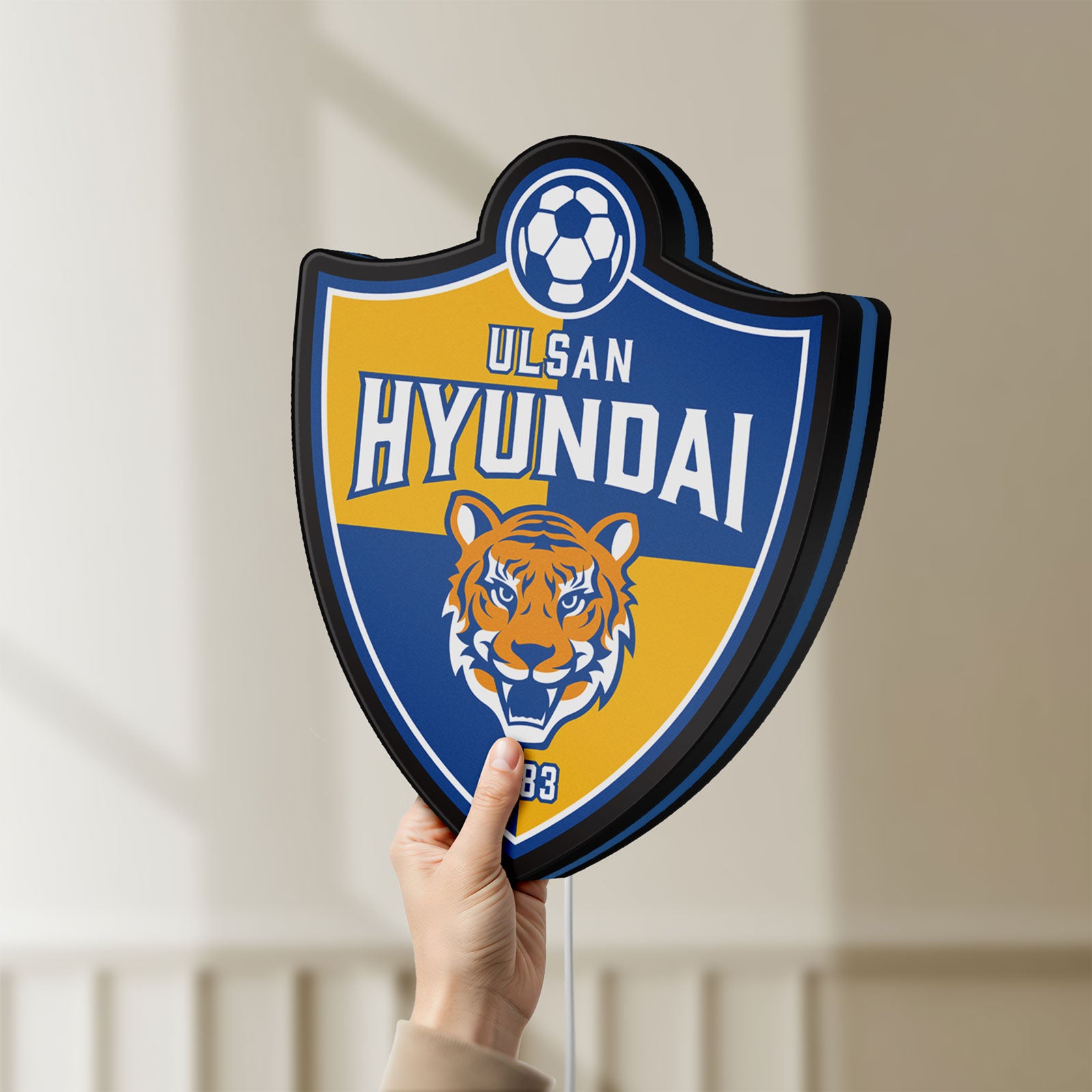 Unlit K-League Ulsan Hyundai LED lightbox held by hand to show size and details