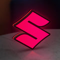 Suzuki LED lightbox standing on a desk from an angled side view with red glow