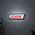 Castrol LED lightbox hanging on a wall with white glow