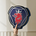 Unlit Scania Griffin LED lightbox held by hand to show size and details