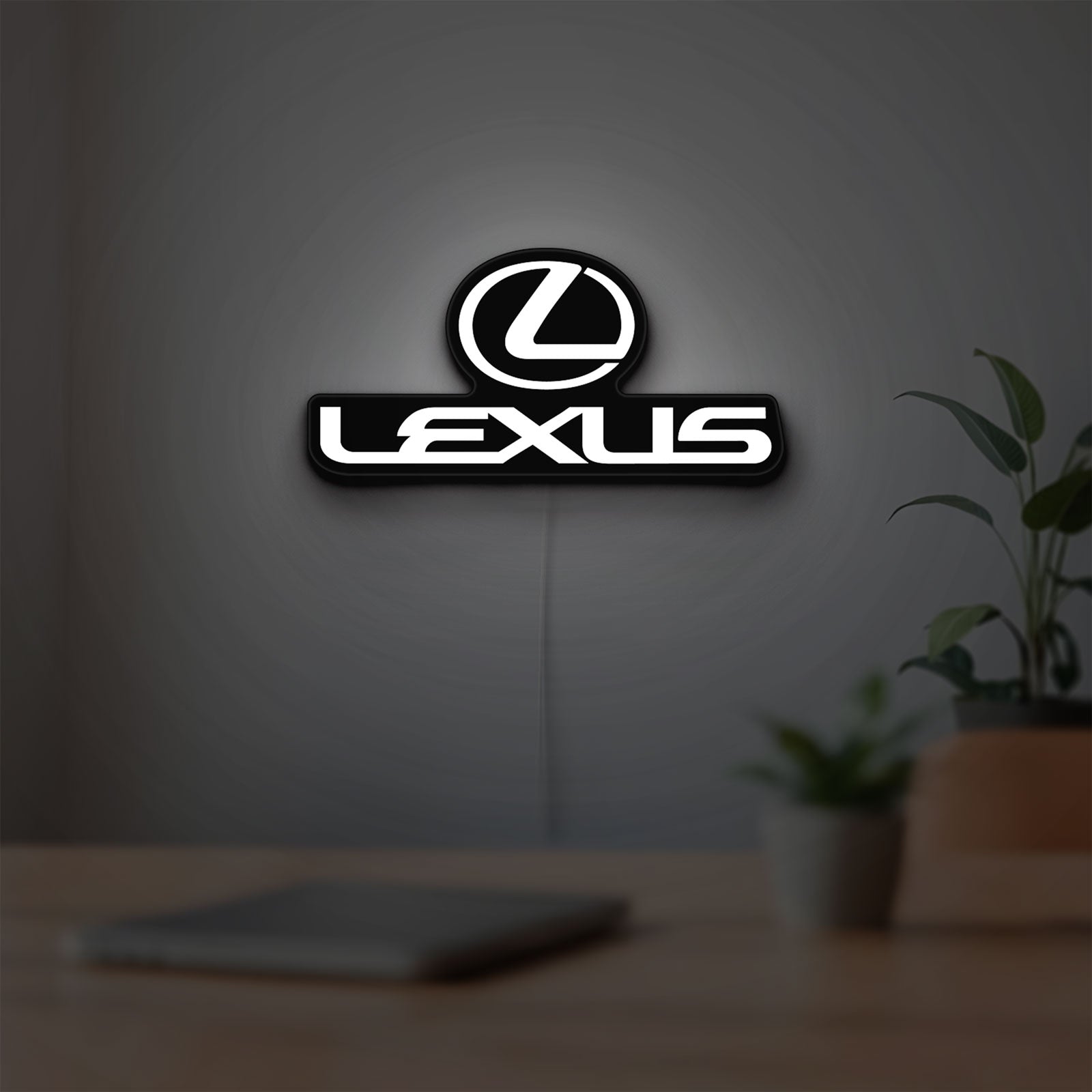 Lexus LED lightbox hanging on a room wall with soft white light