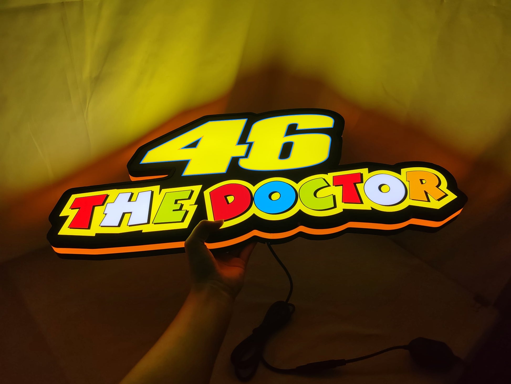 26Xbau0042 LED Light Box (60cm) - The doctor led light box 05 lit handheld side view, unique wall art for desk and room decor