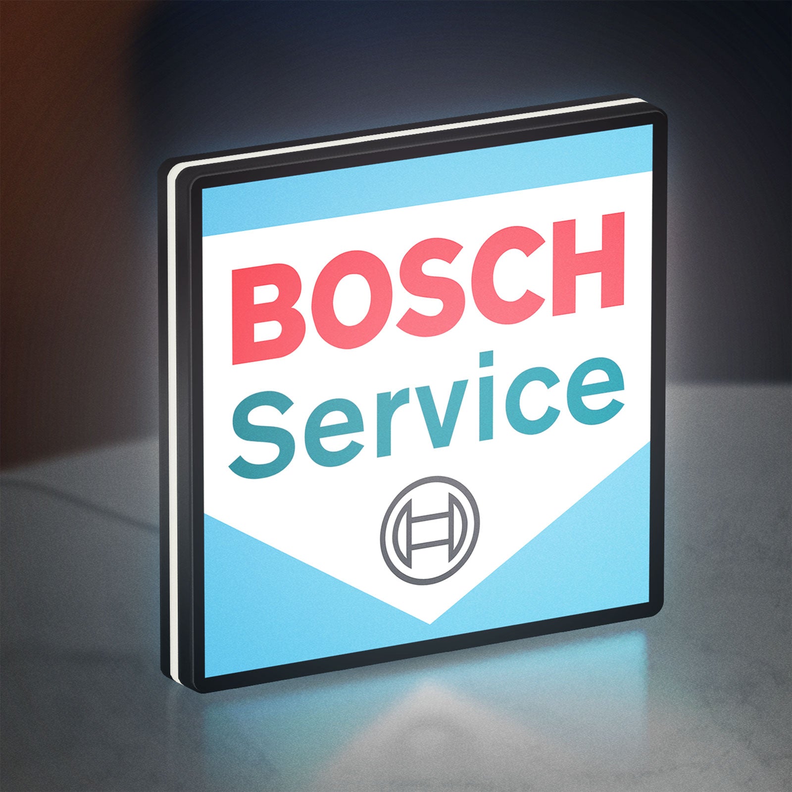 Bosch Service LED lightbox standing on a desk from an angled side view with white glow