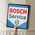 Unlit Bosch Service LED lightbox held by hand to show size and details