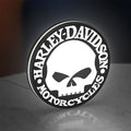 Harley Davidson Skull LED lightbox standing on a desk from an angled side view with white glow