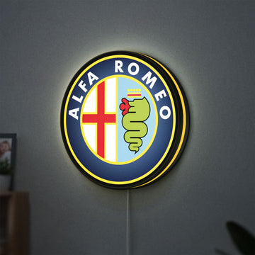 Alfa Romeo LED lightbox hanging on a wall with yellow glow