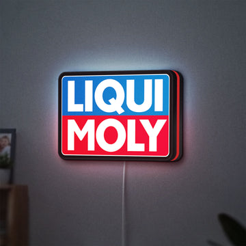 Liqui Moly LED lightbox hanging on a wall with red glow
