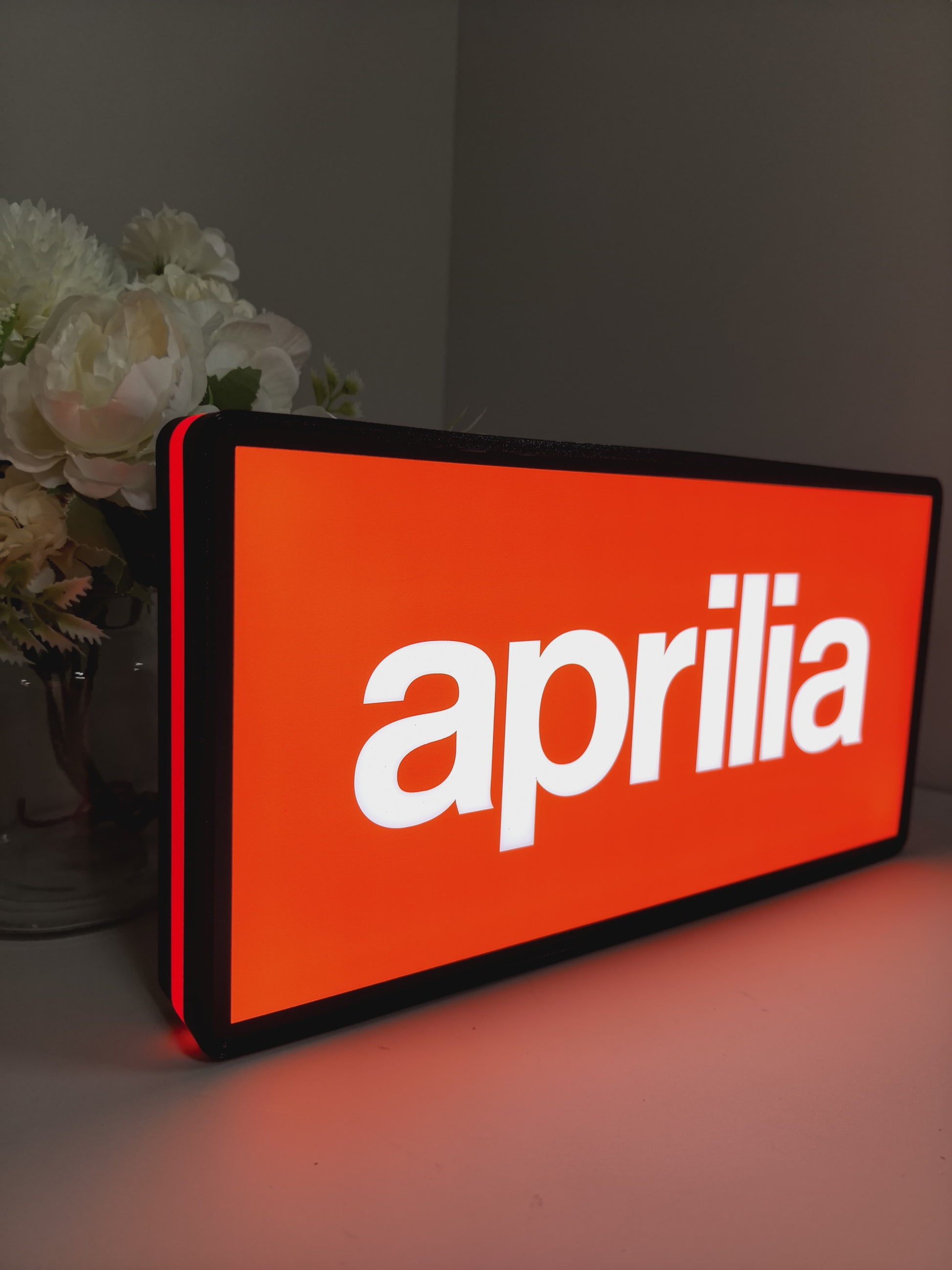 Aprilia Dimmable LED Light Box (30cm) - Illuminated angled view standing, unique wall art for desk and room decor