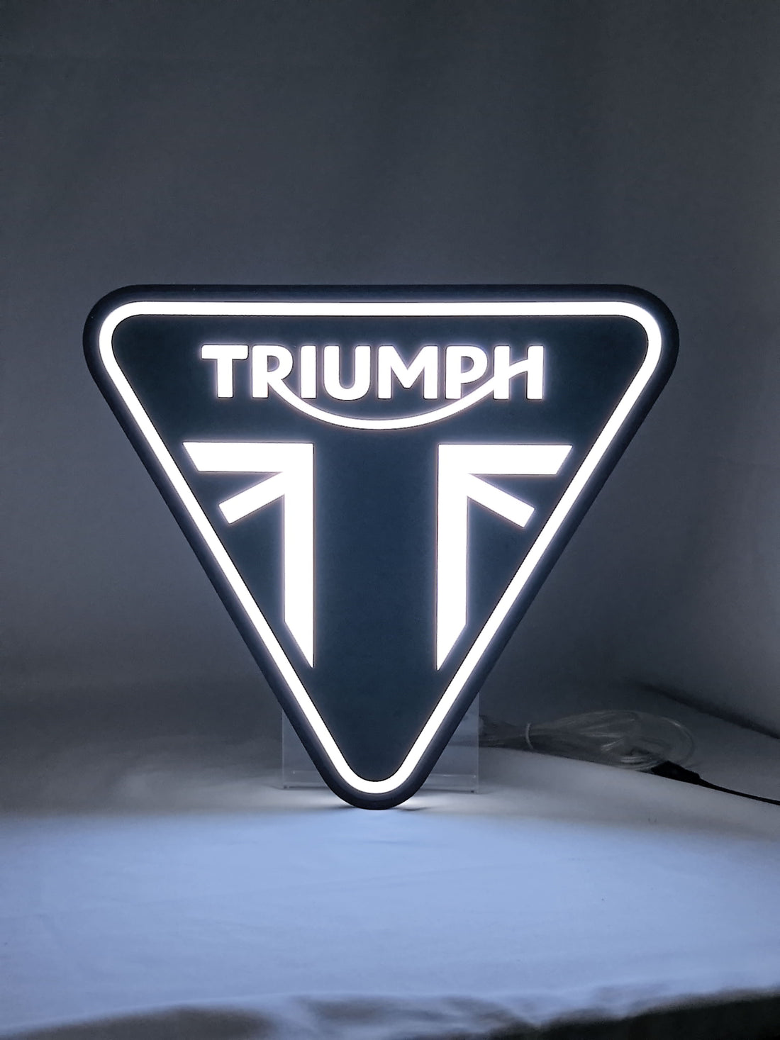 Triumph Motorcycles LED Sign (30cm) - Illuminated front view standing, perfect for garage and man cave decor