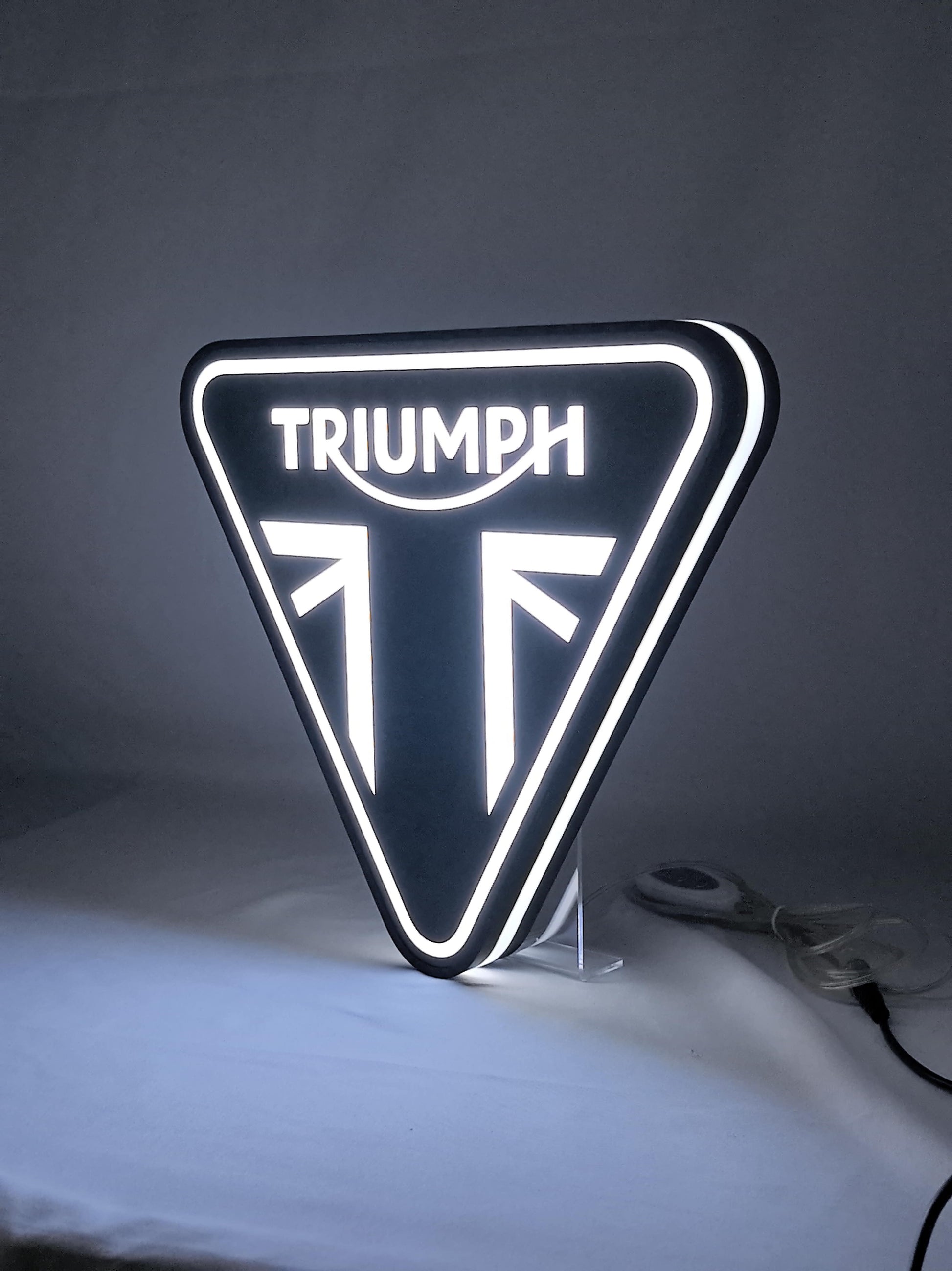 30cm Triumph Motorcycles 3D Printed Sign - Illuminated angled view standing, perfect for garage and man cave decor