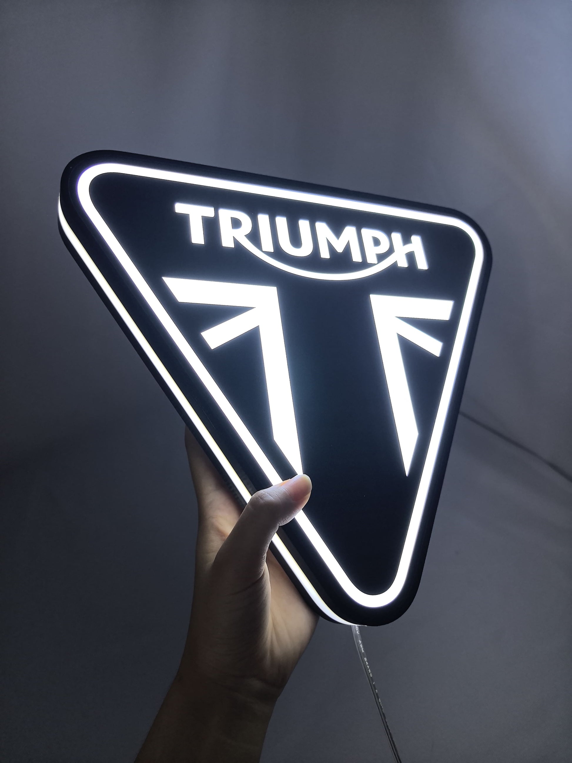 30cm Triumph Motorcycles 3D Printed Sign - Illuminated handheld size reference, perfect for garage and man cave decor