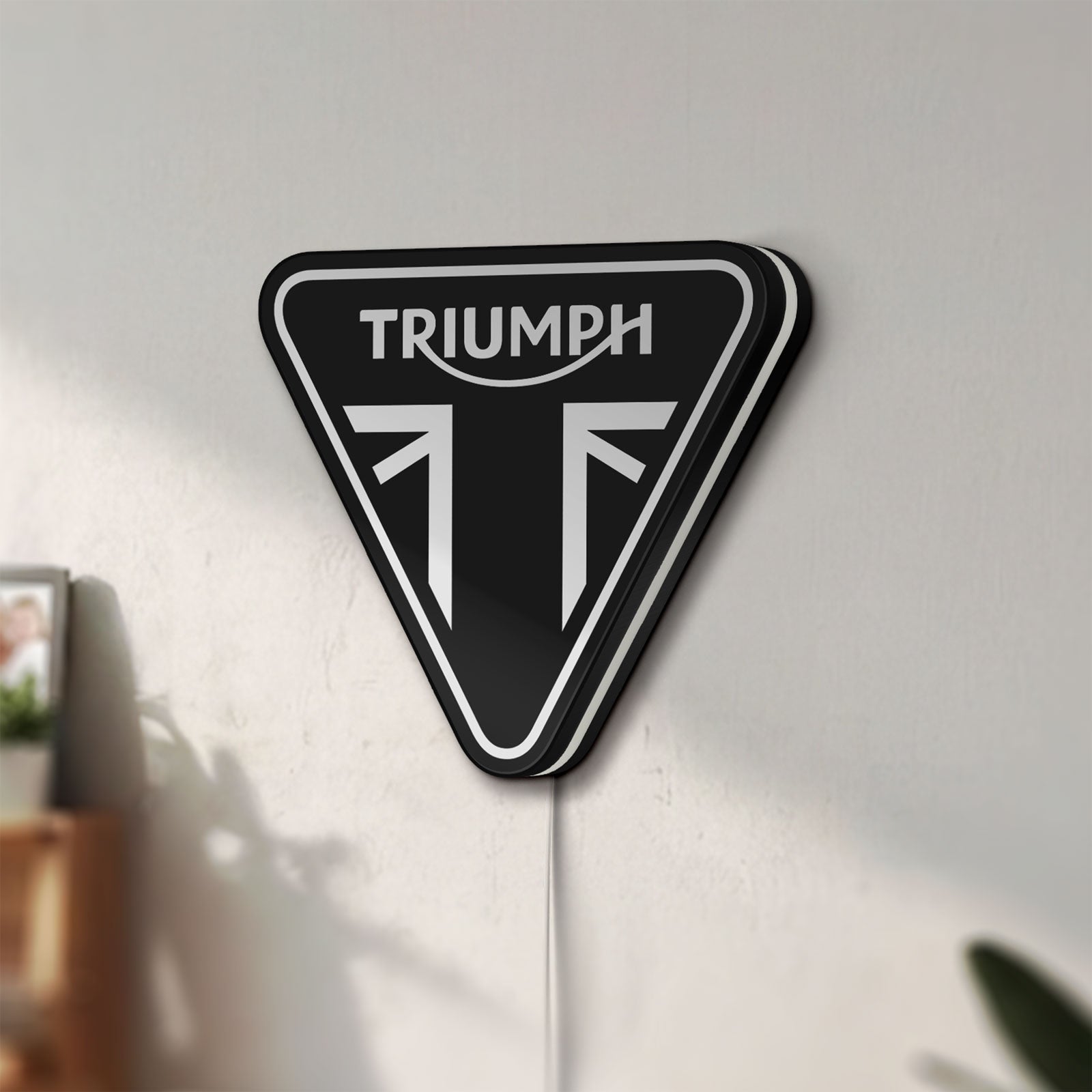 Unlit Triumph Motorcycles LED lightbox mounted on a wall in daylight