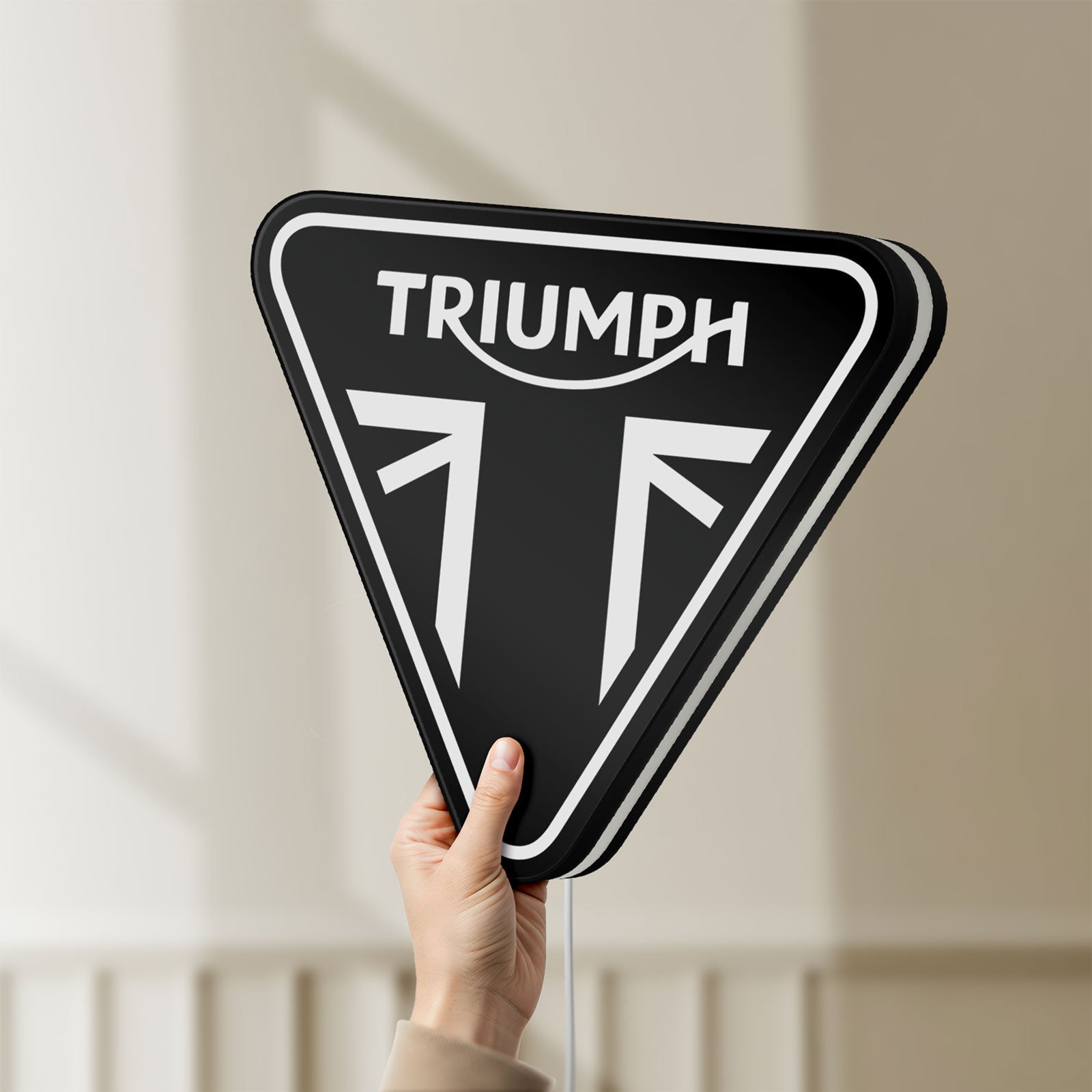 Unlit Triumph Motorcycles LED lightbox held by hand to show size and details