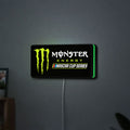 Monster Energy NASCAR Cup Series LED lightbox hanging on a wall with green glow