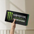 Unlit Monster Energy NASCAR Cup Series LED lightbox held by hand to show size and details