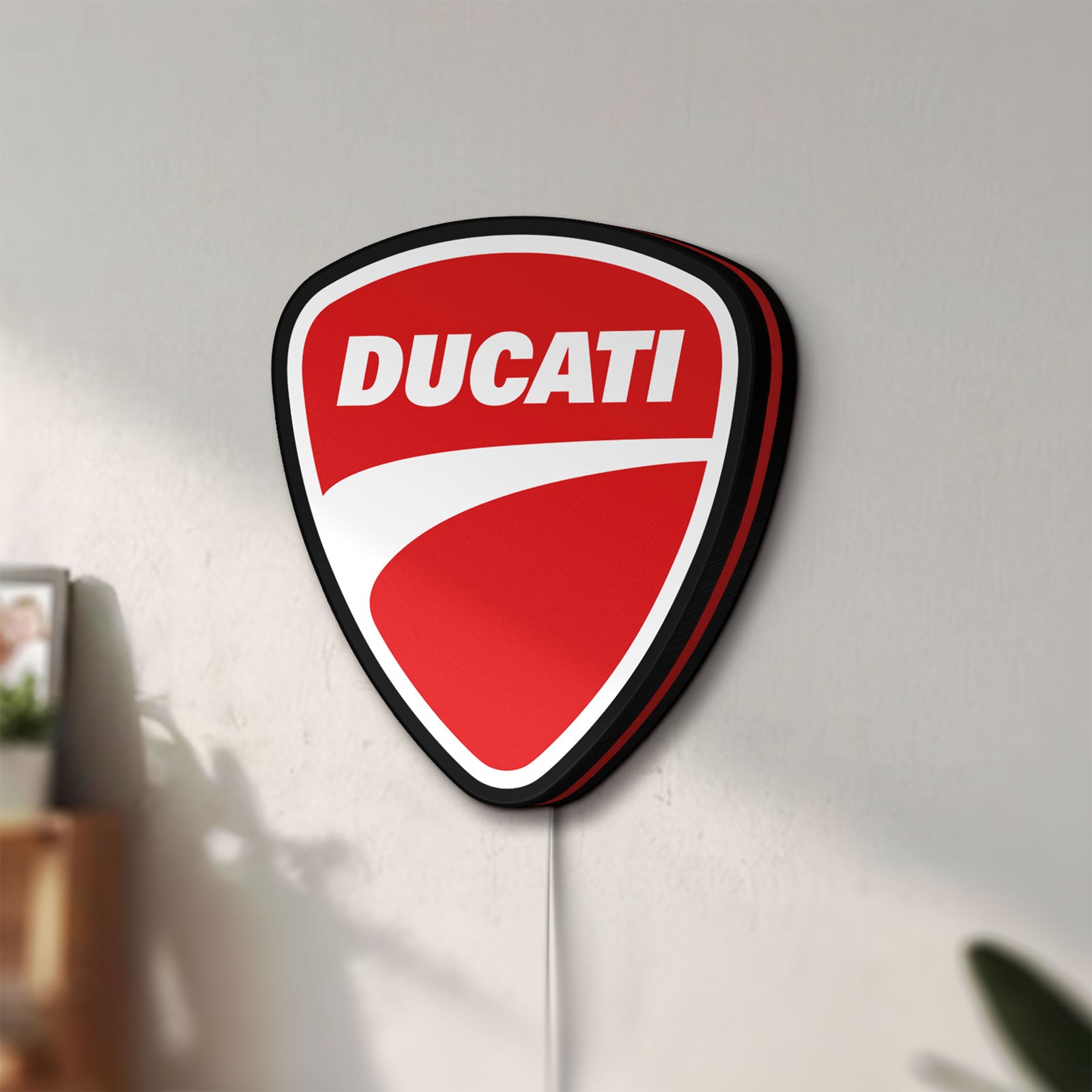 Unlit Ducati Sign LED lightbox mounted on a wall in daylight