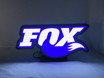 Illuminated front view standing of Fox Racing Shox 3D LED Sign in 40cm, perfect for garage and man cave decor