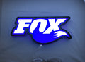 40cm Fox Racing Shox 3D Printed Sign - Illuminated flat lay front view, perfect for garage and man cave decor