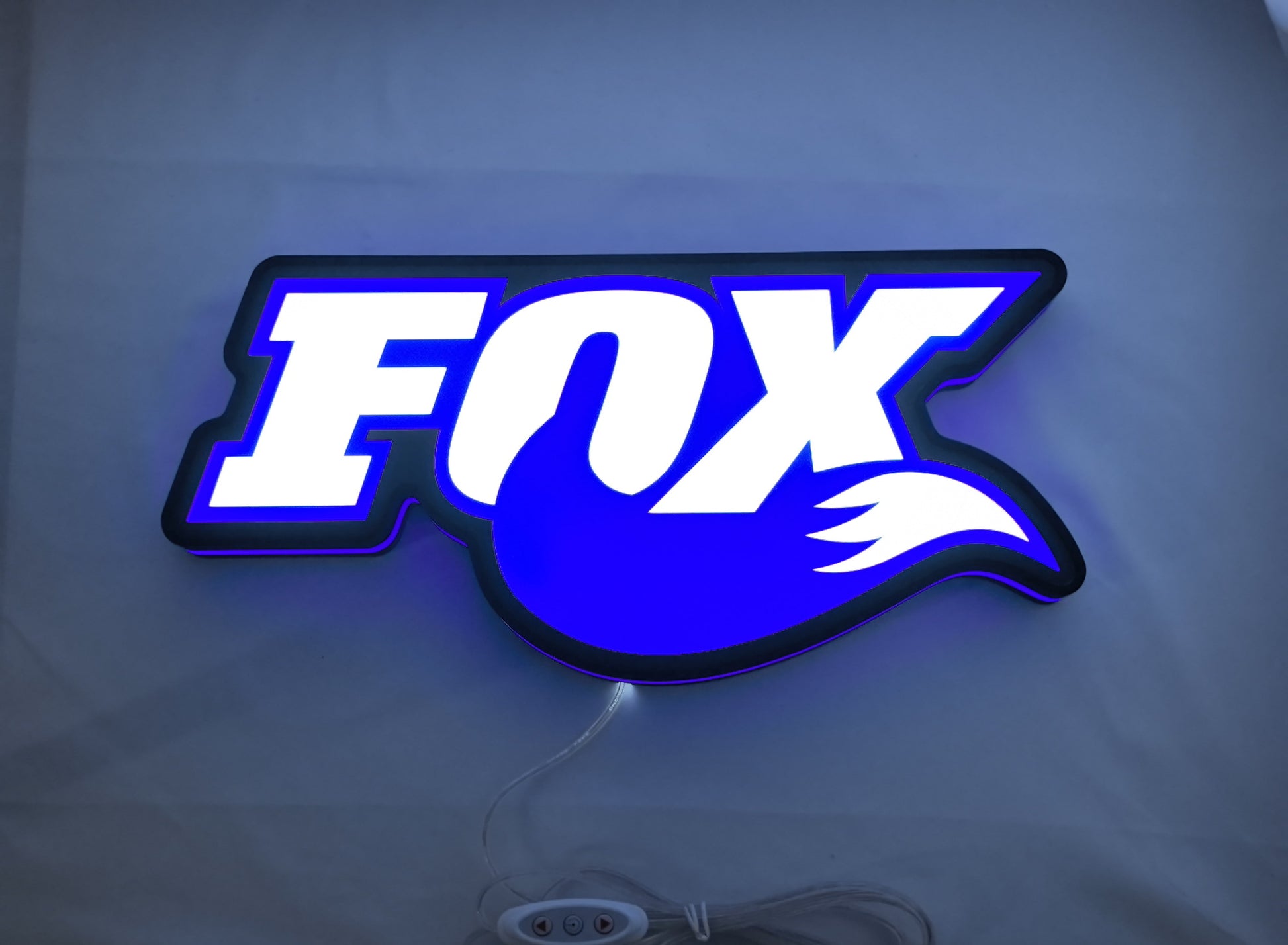 40cm Fox Racing Shox 3D Printed Sign - Illuminated flat lay front view, perfect for garage and man cave decor