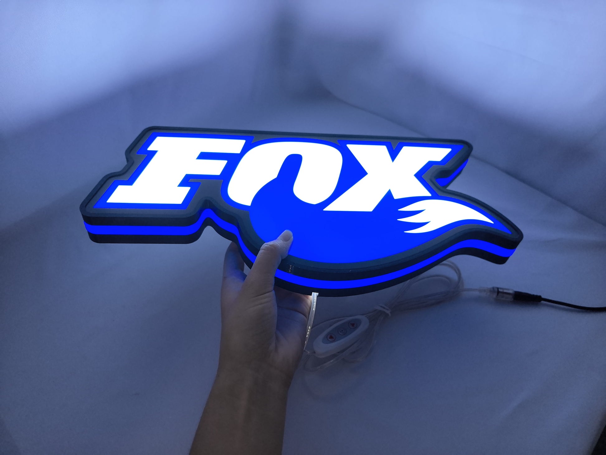 40cm Fox Racing Shox 3D Printed Sign - Illuminated handheld size reference, perfect for garage and man cave decor