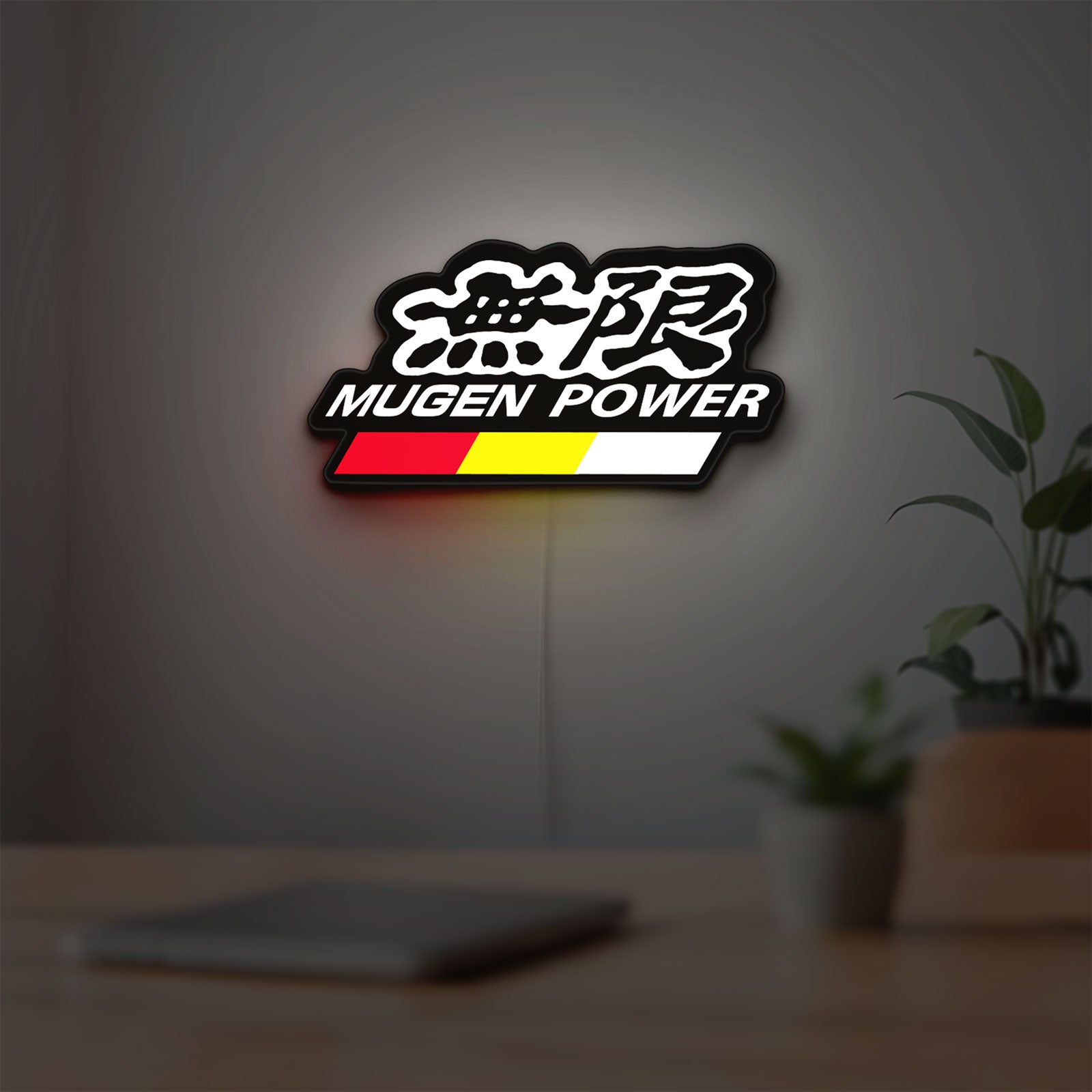 Mugen LED lightbox hanging on a room wall with soft white light