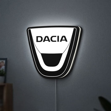 Dacia LED lightbox hanging on a wall with white glow