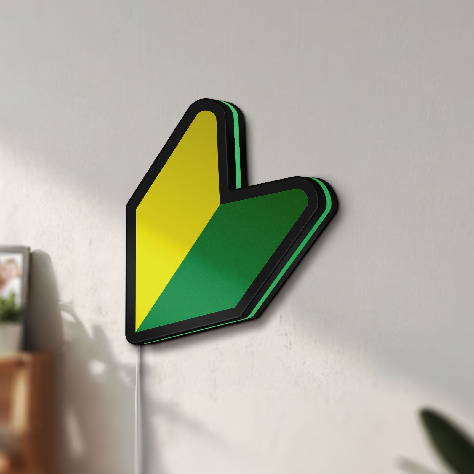 Unlit JDM Wakaba Leaf LED lightbox mounted on a wall in daylight
