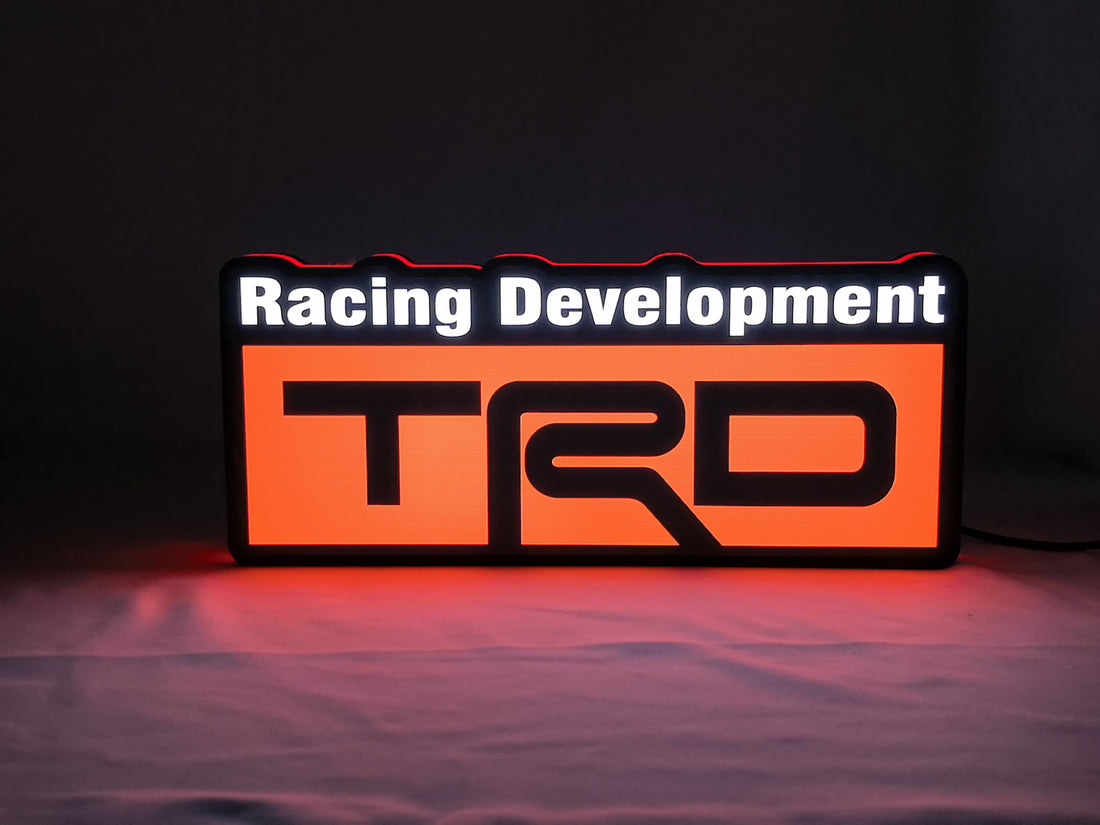 30cm Trd Racing Development 3D Printed Sign - Illuminated front view standing, perfect for garage and man cave decor