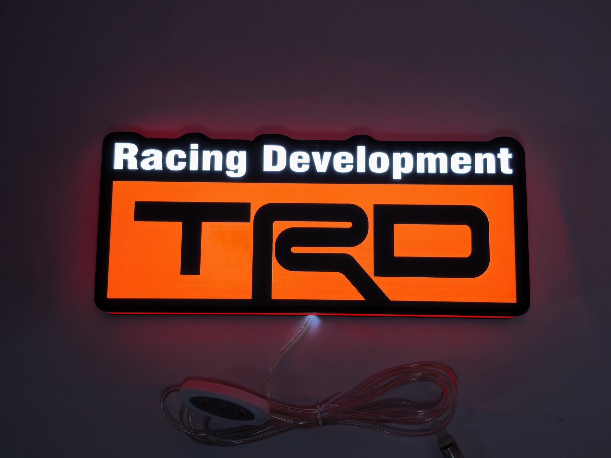 30cm Trd Racing Development 3D Printed Sign - Illuminated flat lay front view, perfect for garage and man cave decor
