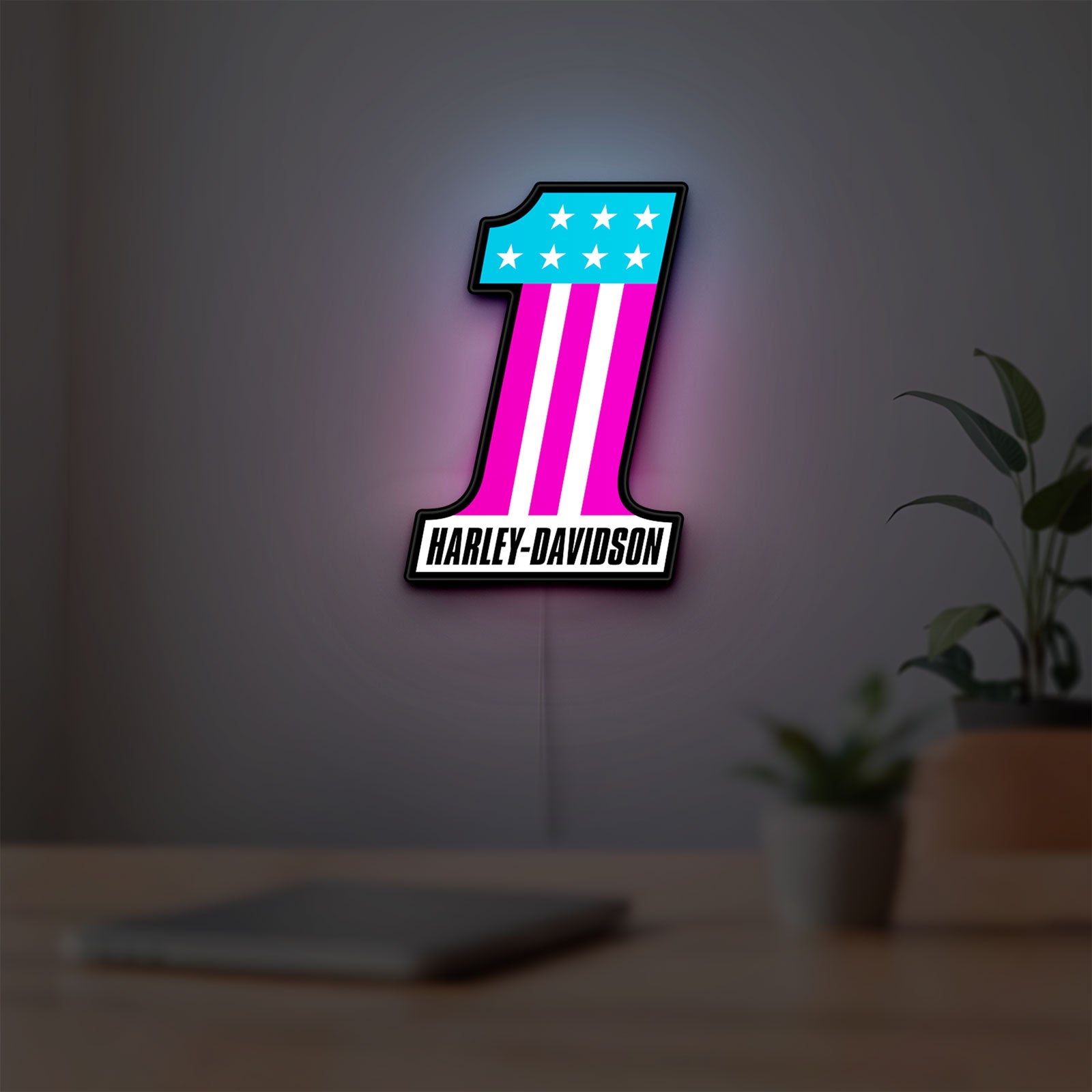Harley #1 Patch LED lightbox hanging on a room wall with soft white light