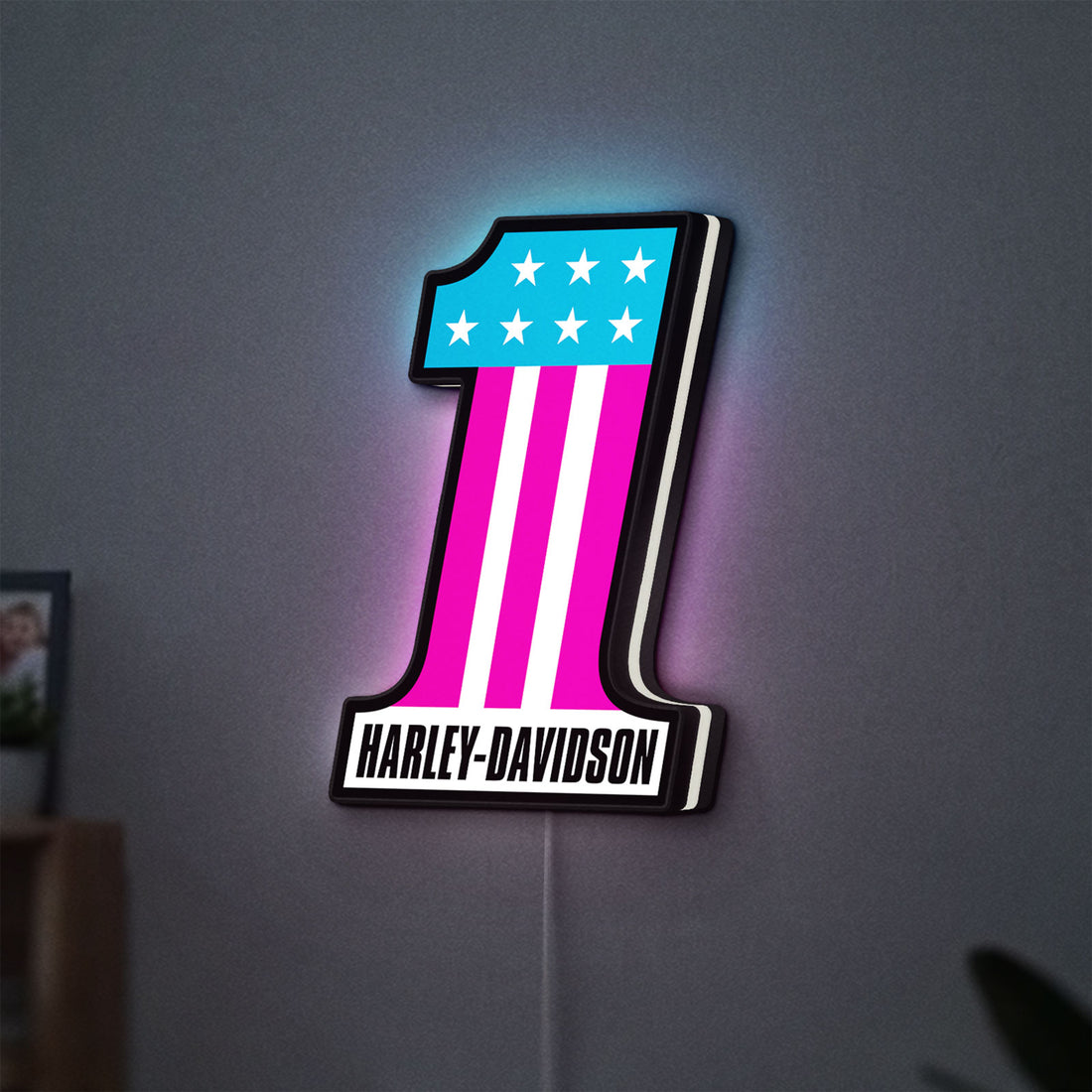 Harley #1 Patch LED lightbox hanging on a wall with white glow
