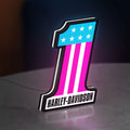 Harley #1 Patch LED lightbox standing on a desk from an angled side view with white glow