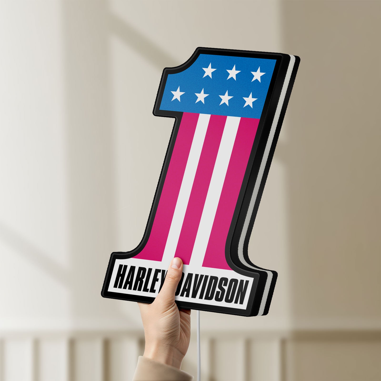 Unlit Harley #1 Patch LED lightbox held by hand to show size and details