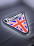 Illuminated flat lay angled view of Triumph 3D LED Sign in 30cm, unique wall art for desk and room decor