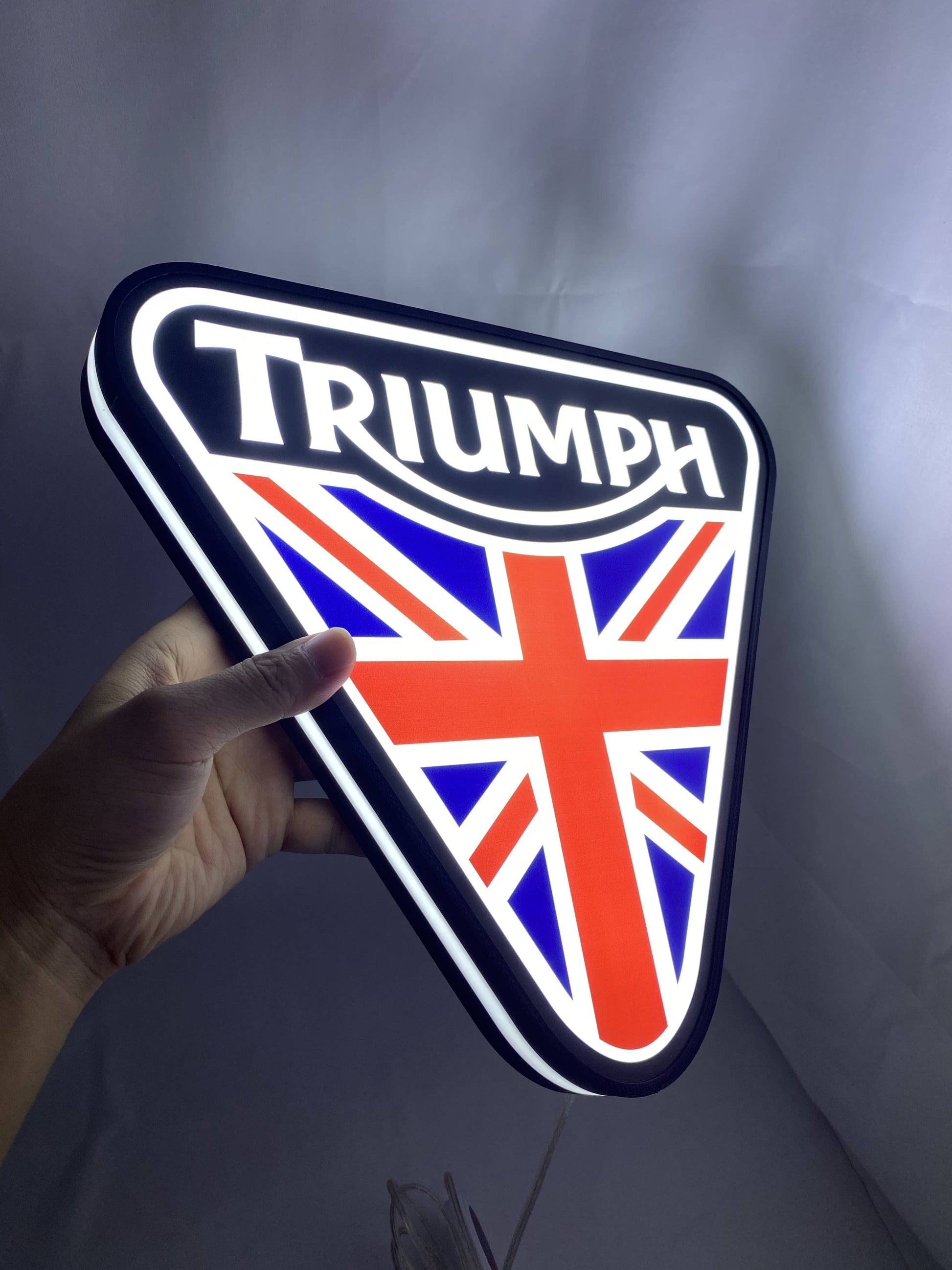 Illuminated handheld size reference of Triumph 3D LED Sign in 30cm, unique wall art for desk and room decor