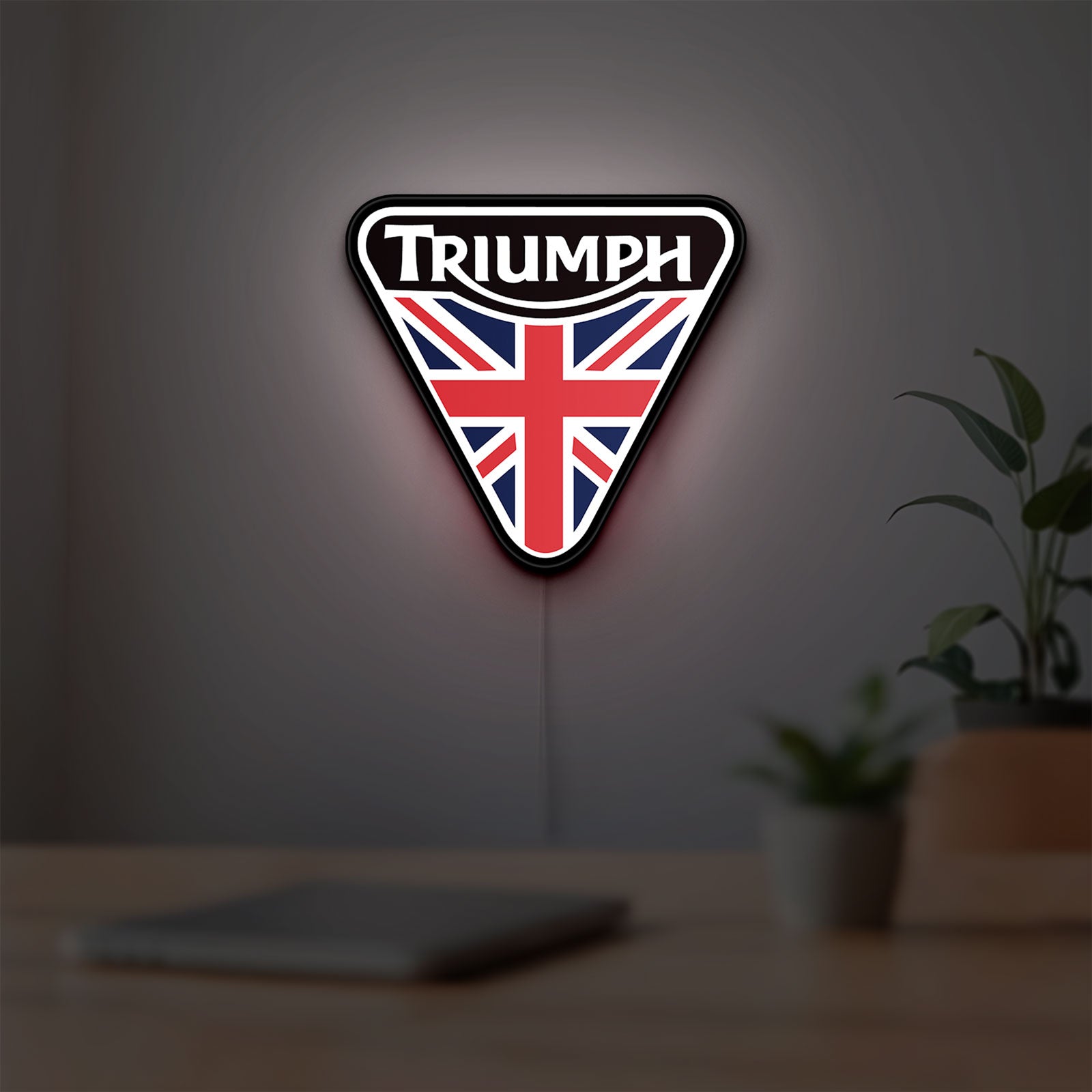 Triumph LED lightbox hanging on a room wall with soft white light