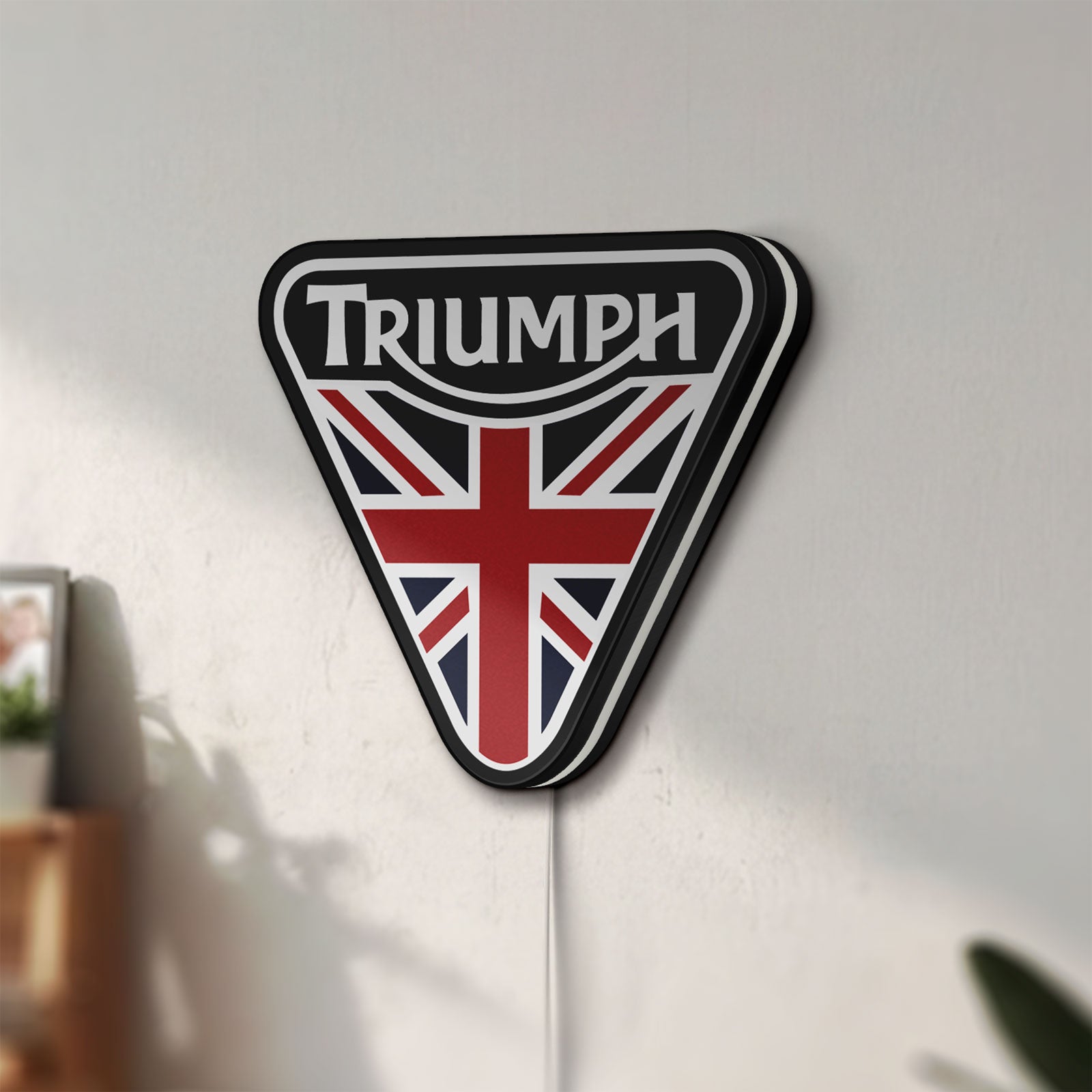 Unlit Triumph LED lightbox mounted on a wall in daylight
