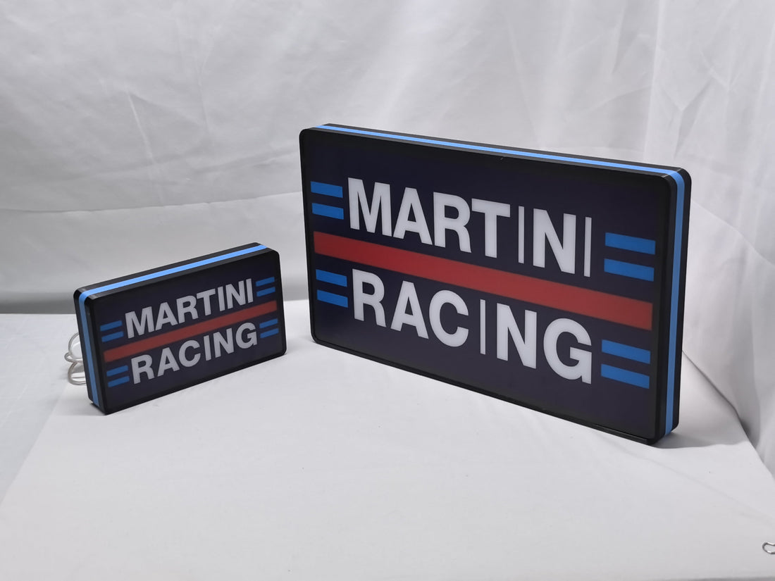 Martini Racing 3D LED Sign - Illuminated angled view standing, perfect for garage and man cave decor