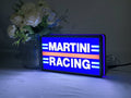 Illuminated angled view standing of Martini Racing 3D LED Sign in 20cm, perfect for garage and man cave decor