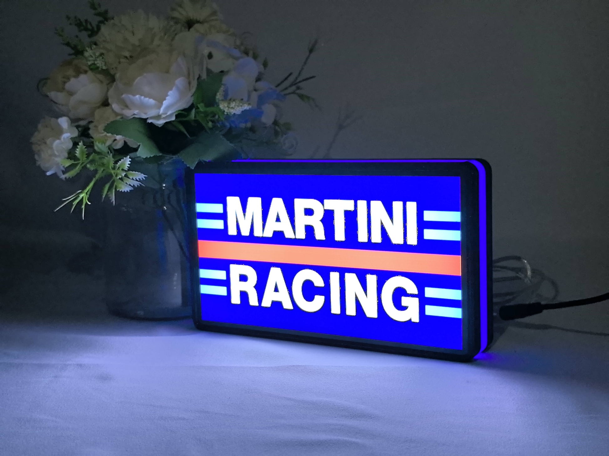 Illuminated angled view standing of Martini Racing 3D LED Sign in 20cm, perfect for garage and man cave decor