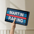 Unlit Martini Racing LED lightbox held by hand to show size and details